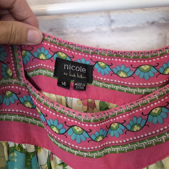 Nicole Miller Pink Green Paisley Short Sleeve Square Neck Sheer Top Size 14 - Picture 6 of 6